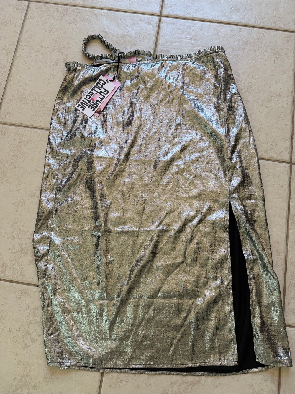 Metallic Silver Midi Skirt with Side Slit